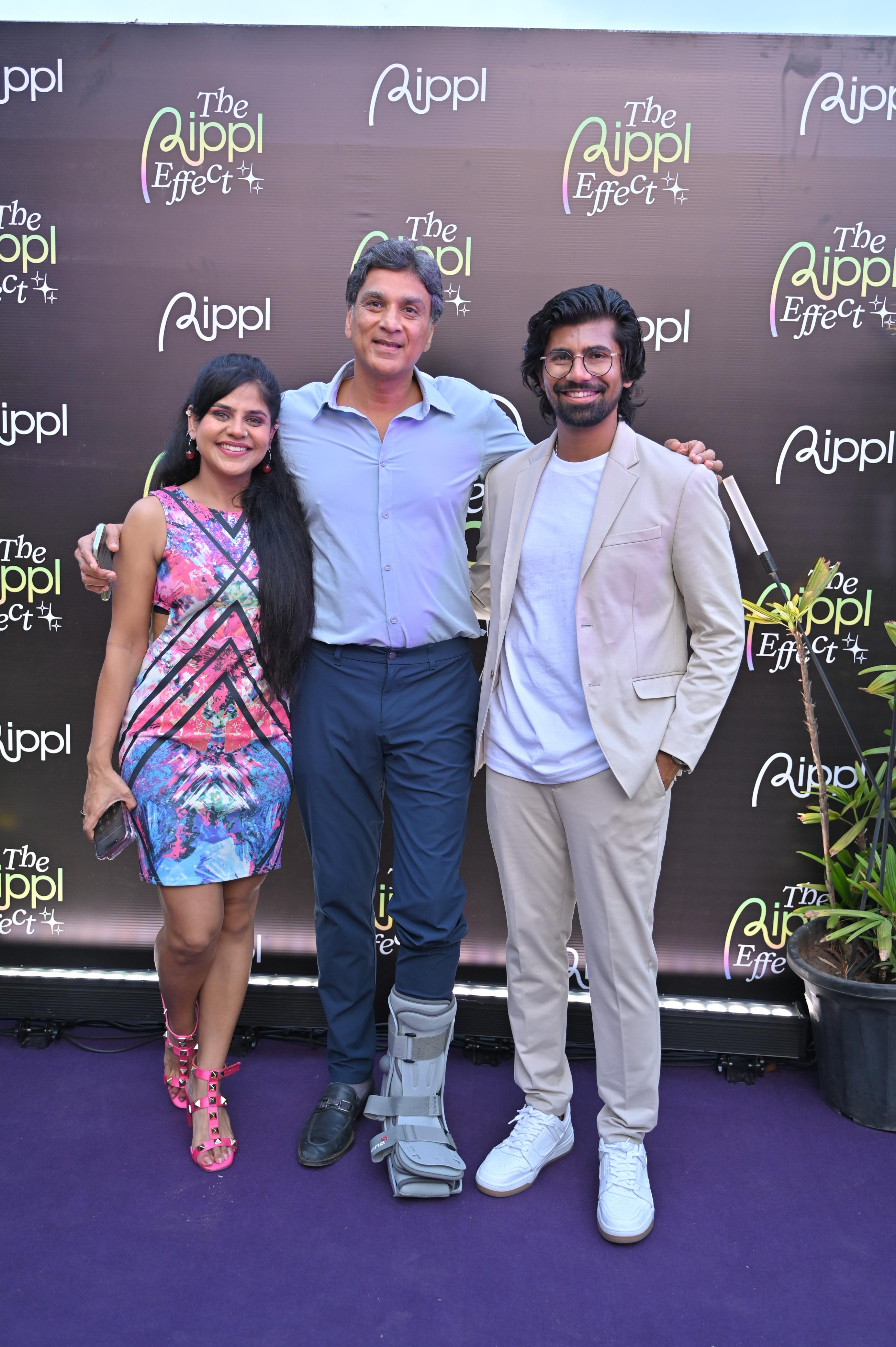 Amish Kapadia with Rippl founders Smriti Dubey and Shikhar Vaidya at The Rippl Effect launch event, Hyatt Juhu rooftop, Mumbai, April 2026